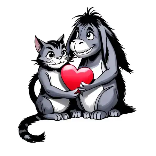 eeyore giving valentine to Cheshire cat sitting tattoo design idea