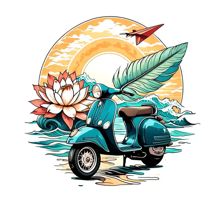 Line tattoo with a vespa, a lotus flower, the sun, a paper airplane, beach waves and a feather tattoo design idea
