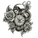 nature and king cobra snake and woman holding roses and a clock watch  tattoo design idea