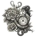 nature and king cobra snake and woman holding roses and a clock watch  tattoo design idea