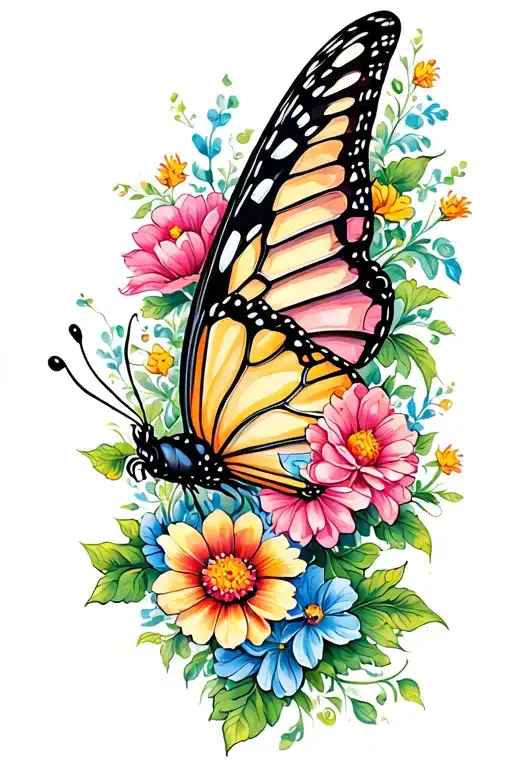 butterfly with flowers going through it on the top and bottom tattoo design idea