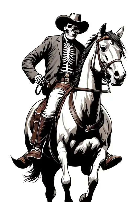 A old western cowboy but he is a skeleton riding horse tattoo design idea