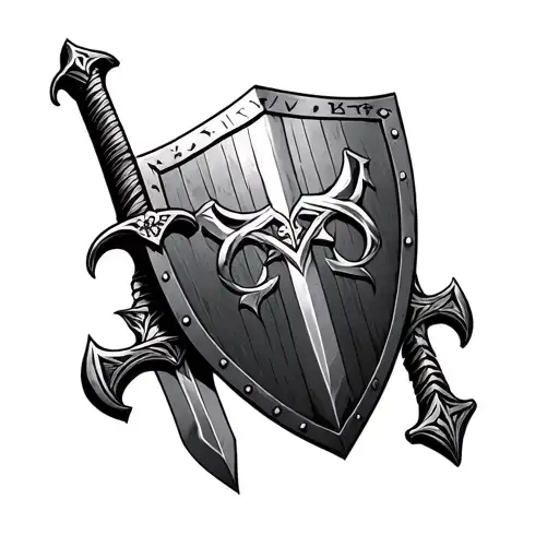 A forearm tattoo that is dedicated to the gods Thor and Freya with norse runes, mjolnir and a vikings sword. A shield in tattoo design idea