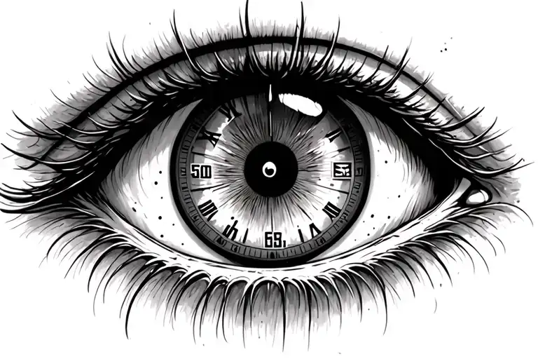 A realistic tired eye, bloodshot from exhaustion, with a detailed clock inside the pupil showing 5:00 a.m.. The style sh tattoo design idea