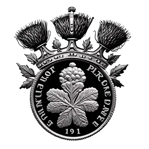 Three pence coin from 1941 with thistles on the coin, queen elizabeths crown, Lamont clan tartan, Scottish flag, pansys, tattoo design idea