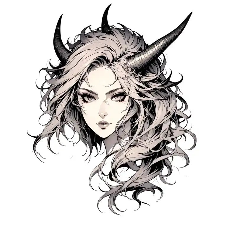 Close-up of a female demon’s head at a 3/4 angle, emphasizing sharp horns, intricate details, and flowing hair. tattoo design idea