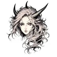Close-up of a female demon’s head at a 3/4 angle, emphasizing sharp horns, intricate details, and flowing hair. tattoo design idea