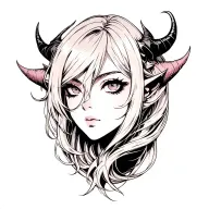 Close-up of a female demon’s head at a 3/4 angle, emphasizing sharp horns, intricate details, and flowing hair. tattoo design idea