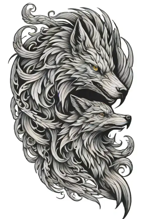 phoenix and wolf head tattoo design idea