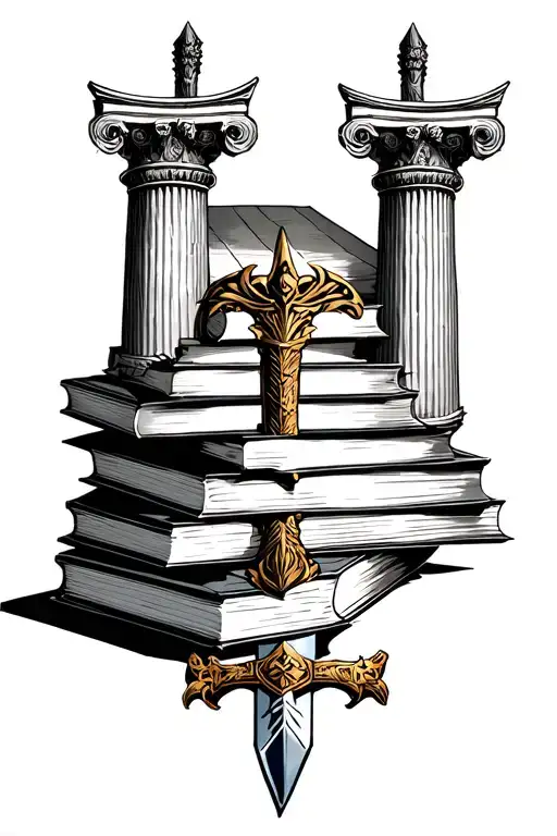 Stack of books (no titles), ornate gladius thrust vertically through, surrounded by rugged Greco-Roman pillars tattoo design idea