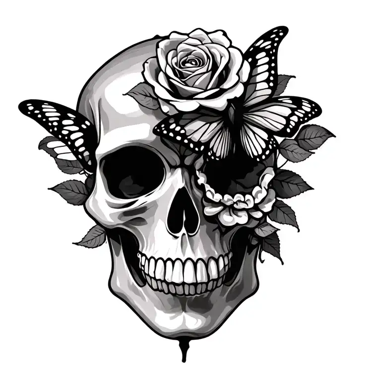 skull butterfly and roses tattoo design idea