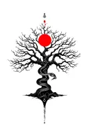 poison tree with snake wrapped around the tree with red moon in back tattoo design idea