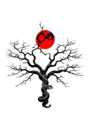 poison tree with snake wrapped around the tree with red moon in back tattoo design idea