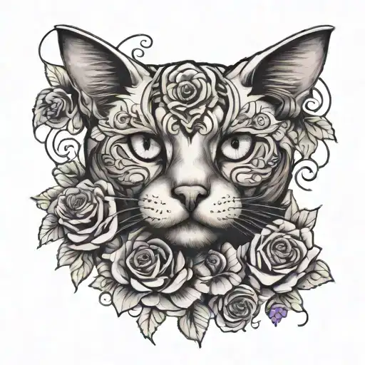 a cat with violet flowers and roses intertwined tattoo design idea