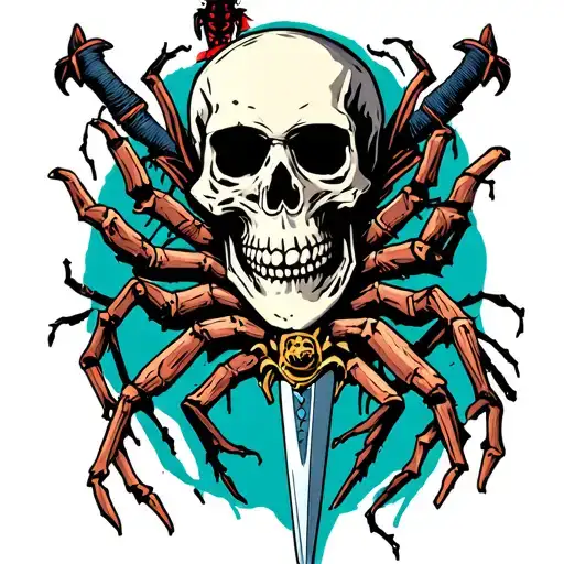 skull with dagger and spiders crawling tattoo design idea