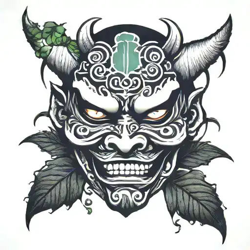demon mask with a black five leaf clover tattoo design idea