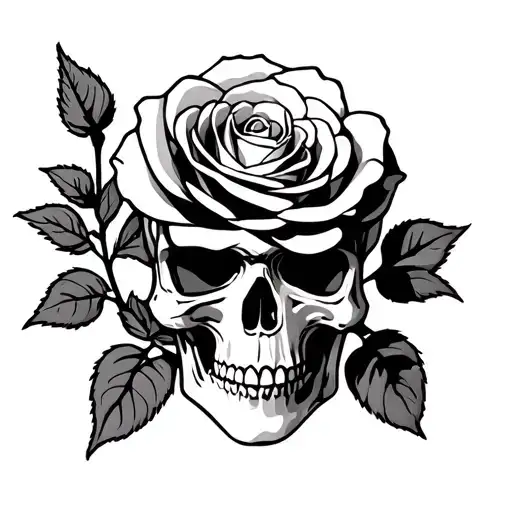 Can you draw me a black and white tattoo stencil, the stencil consisting of a rose with a stem, a human skull leaning ag tattoo design idea