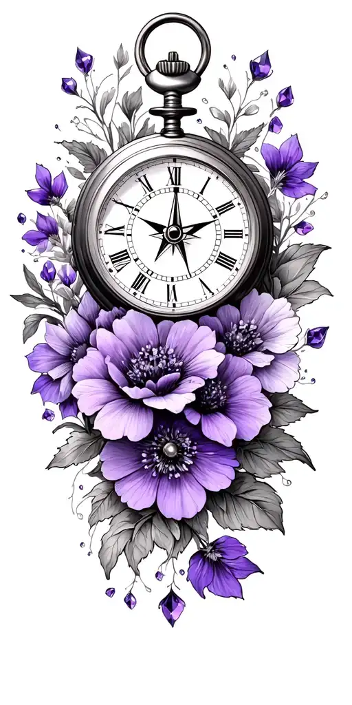 amethyst, violet flowers, compass, pocket watch tattoo design idea