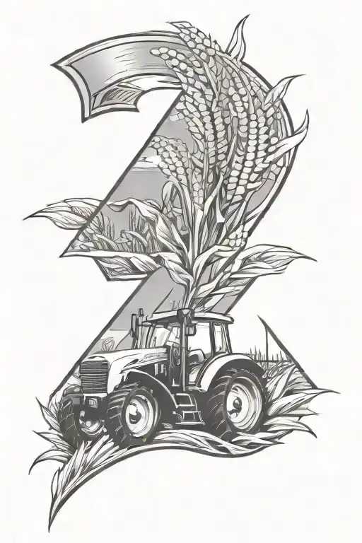 The letter F with corn fields and tractor driving tattoo design idea
