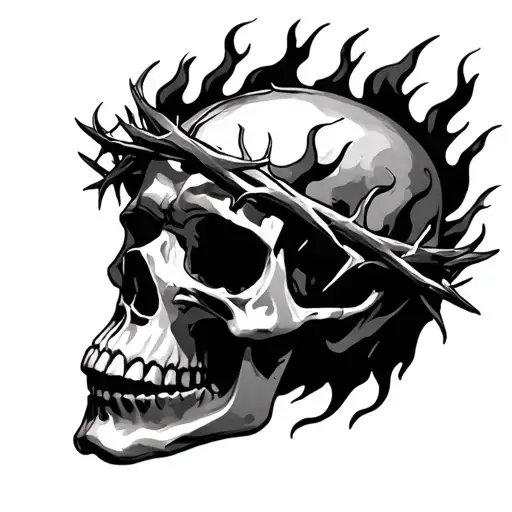 crown of thorns on a flaming skull tattoo design idea