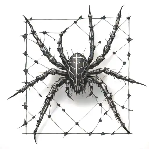 A gothic cybersigilism spider crawling on a straight barbed wire fence tattoo design idea