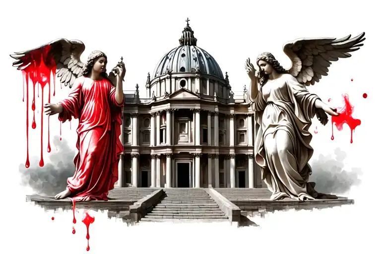 roman cathedral church in the center with two angelic figures weeping red tears on the left and right side tattoo design idea