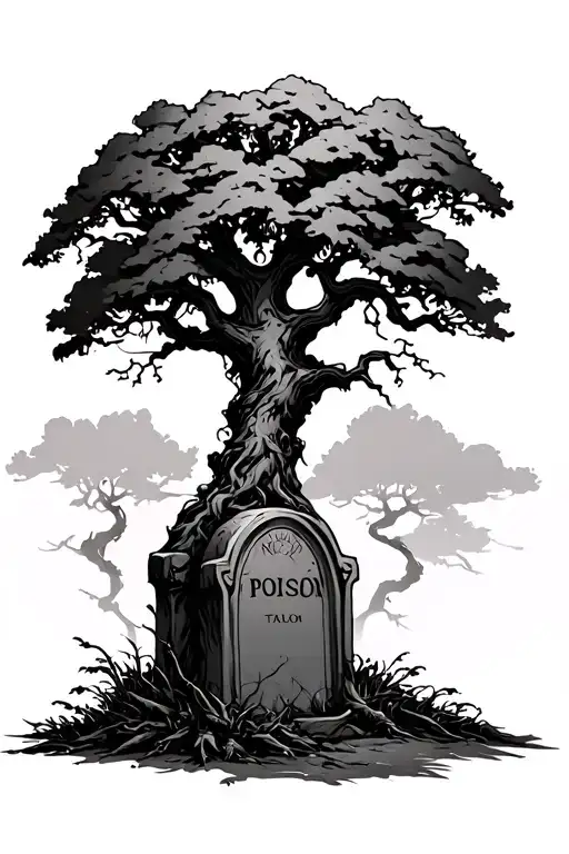 Poison Tree with a grave stone in front tattoo design idea