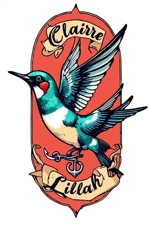 swallow, anchor, daughters name written - Claire and Lilah tattoo design idea