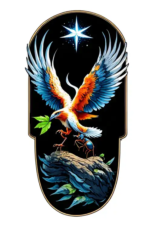 a phoenix flying under a philant star brings a leaf of lorium in its beak to a single ant tattoo design idea