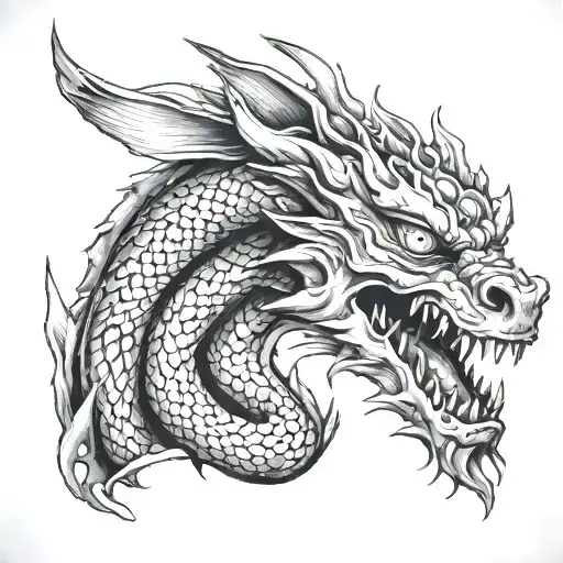 surrealism dragon, contemplative, blue-eyes, mouth closed tattoo design idea
