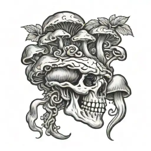 Dionysus Cubensis mushrooms coming out of head emerging  tattoo design idea