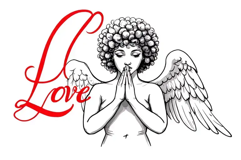 "Love" "Love"baby angel praying afro haired female face tattoo design idea