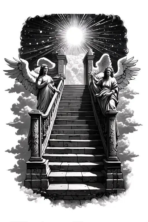 stairway to heaven walking up stairs angels sun rays clouds heaven gate at the top of the stairs  tattoo design idea