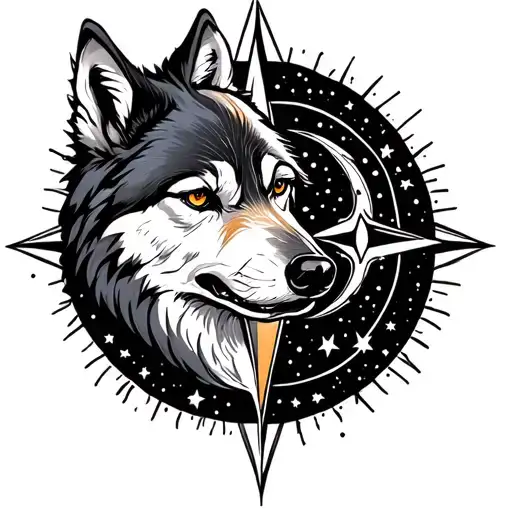 wolf, compass, moon surrounded by stars tattoo design idea