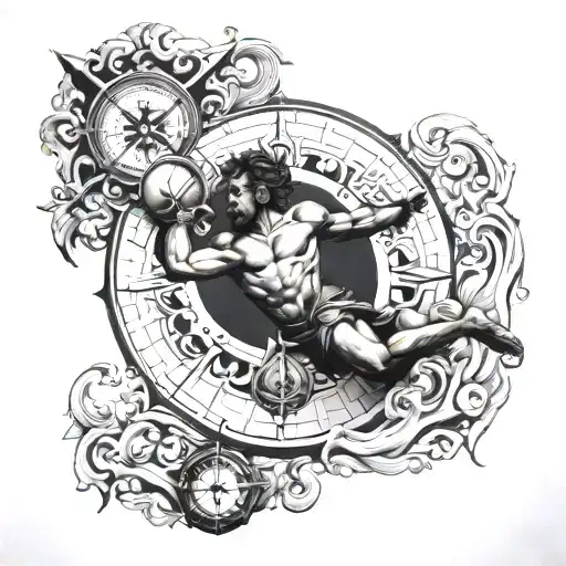 son, Loukas, diving, water surface, Greek mythology, compass, 24.04.2024, birth, gods tattoo design idea