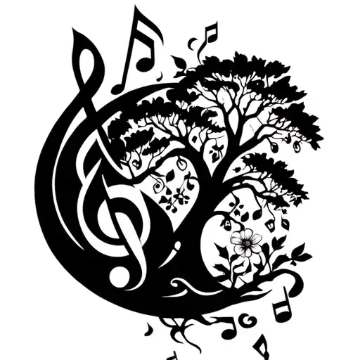 A tattoo design combining music notes and elements of nature such as trees and flowers tattoo design idea