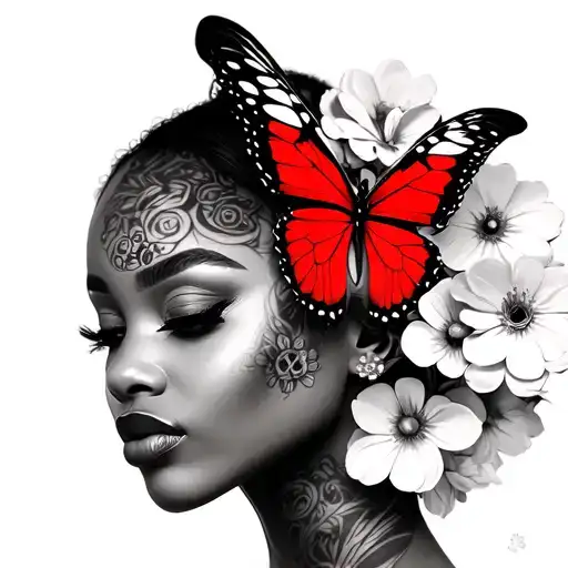 A  sexy light skin black woman with flowers as hair. The face is majority a red black white butterfly with number 88 in  tattoo design idea
