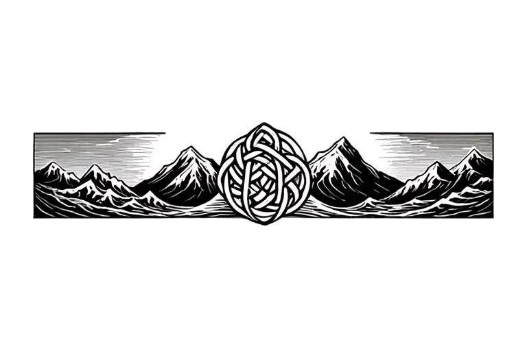 Celtic knot, mountains, crashing waves tattoo design idea