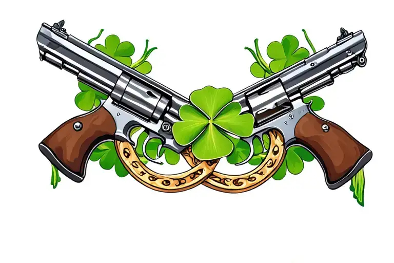 guns feminine horseshoe 4 leaf clover intertwined tattoo design idea