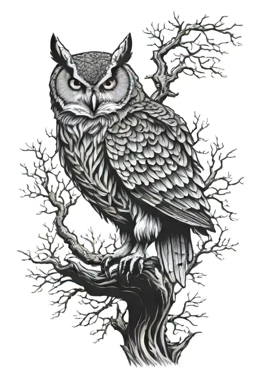 owl perched on a branch wolf on top dragon wrapped tattoo design idea