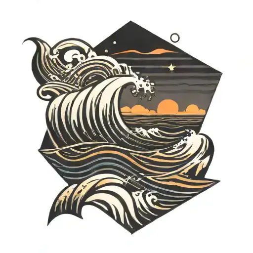 waves sunset scene tattoo design idea