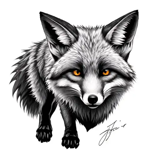 Realistic black and grey tattoo of a full-body grey fox walking with one front paw raised. The fox has detailed fur with tattoo design idea