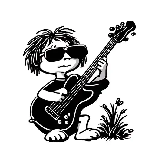 Woodstock from snoopy wearing sunglasses while holding a bass guitar tattoo design idea