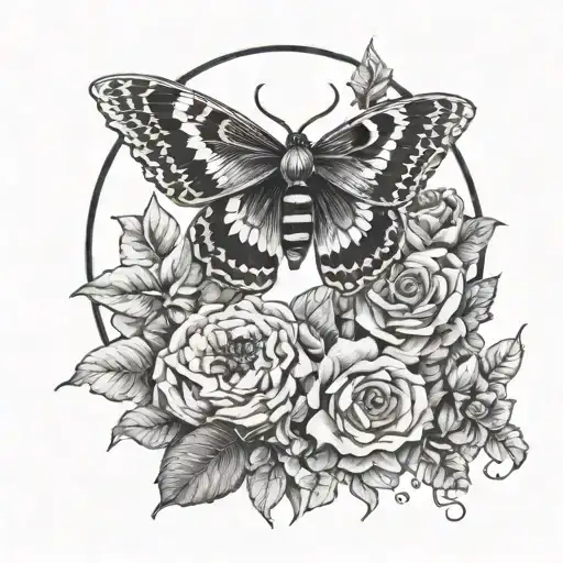 floral, moon phases, death moth tattoo design idea