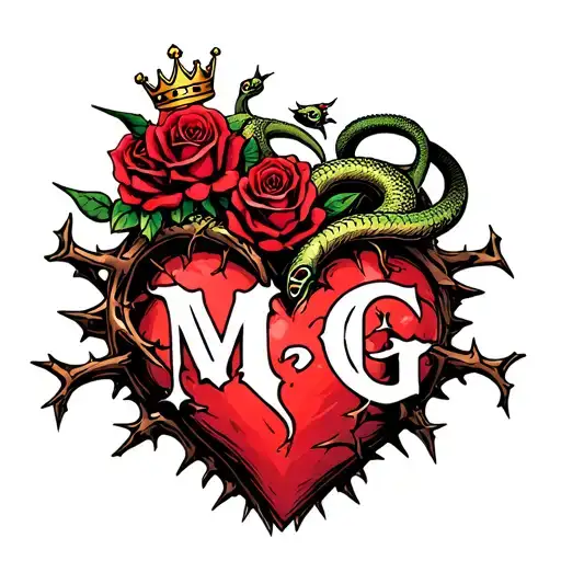 "M G" Gothic-style heart entangled with thorns, topped with a crown, four roses, and two angry snakes with Gothic-style letter tattoo design idea