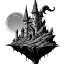wizard tower on floating island  tattoo design idea