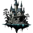 wizard tower on floating island  tattoo design idea