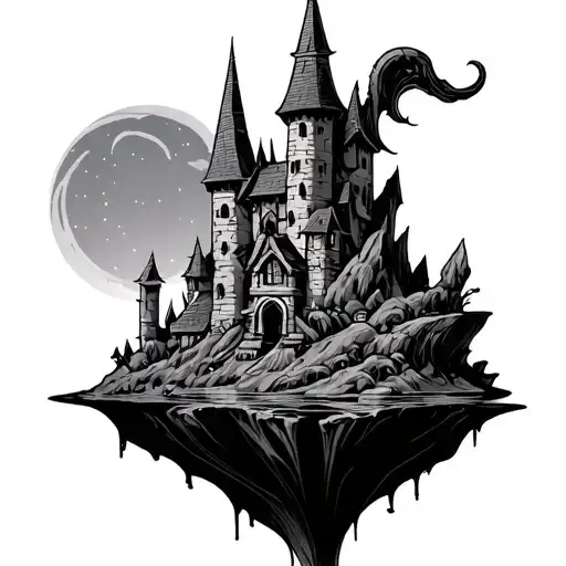wizard tower on floating island  tattoo design idea