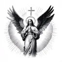 I want a realistic black and grey tattoo on my forearm with a praying angel, halo, dove, cross, rays of light and a dark tattoo design idea