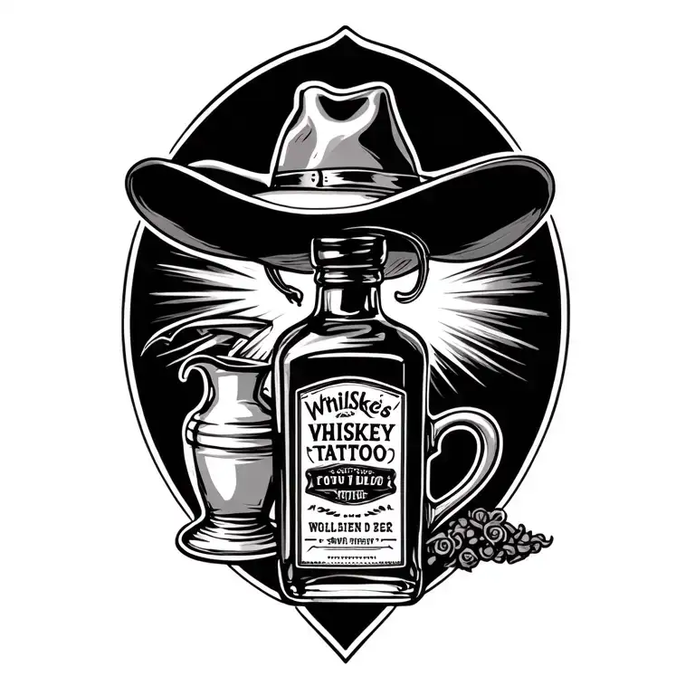 whiskey bottle and cowboy hat with spittoon  tattoo design idea